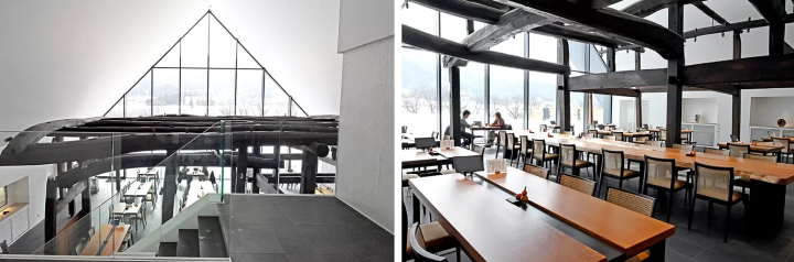 The building of Soba Yamaya was supervised by Kengo Kuma. The entrance is on the second floor, and from the approach, the pillars and beams that were moved from a 300-year-old traditional Japanese house under a triangular roof catch your eye. 