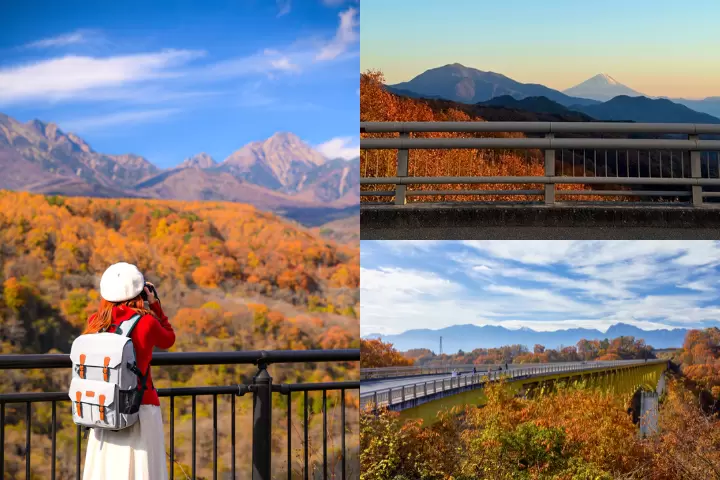 左图：从高原大桥眺望八岳八岳。右上图：从八岳高原大桥眺望富士山。右下图：从八岳高原大桥停车场眺望南阿尔卑斯。 