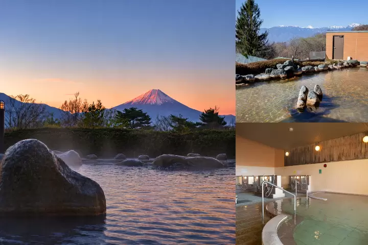 富士山景色（左） 4 全景温泉：从女浴池看到的富士山（右上） 从男浴池看到的南阿尔卑斯山 