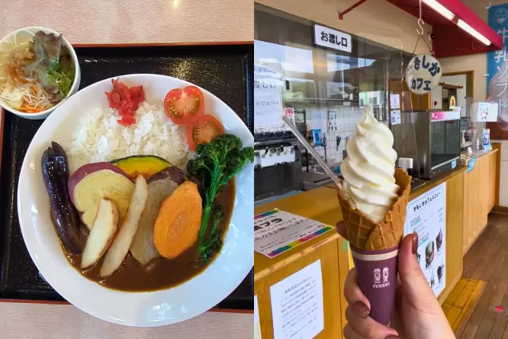 左 野菜カレー 右 やまじおソフトクリーム