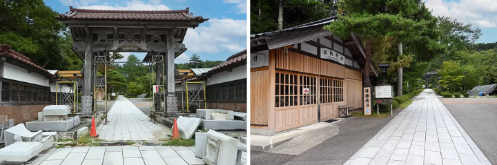 穿過正門後,遊客接待處位於寺廟入口左側。環繞入口的許多寺廟和設施都在地震中損毀,石板路上至今仍留有震痕。