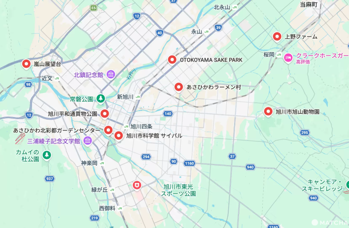旭川景點11選在地圖上的位置