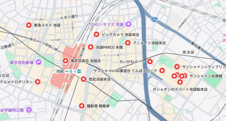 池袋景點、百貨、美食、飯店在地圖上的位置