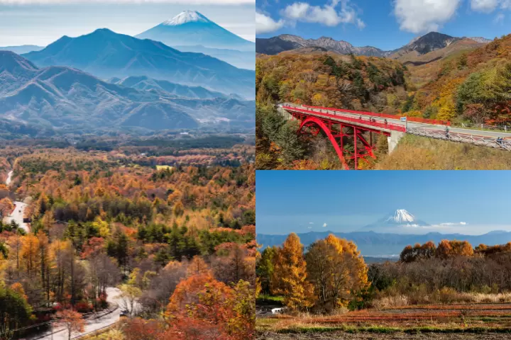左:美し森の紅葉と富士山(美し森展望台)右上:東沢大橋と八ヶ岳の秋 右下:富士見坂から見る富士山と里の秋